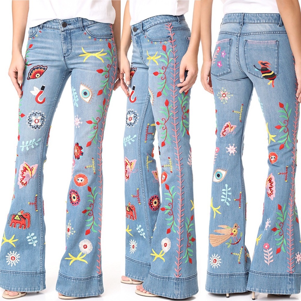 Alice+Olivia Ryley Embroidered Low Rise Bell Jeans